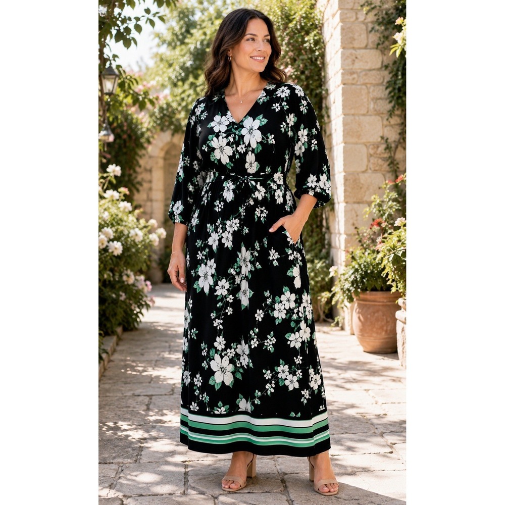 Jones New York XL Floral Midi Dress Tie Waist Flowy Modest Cottagecore GG07